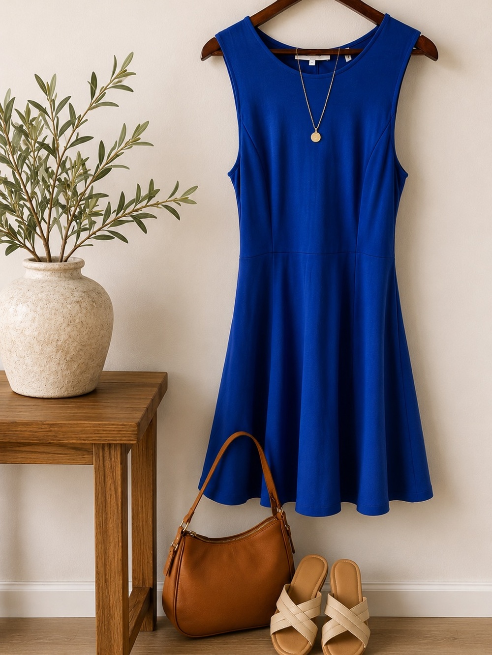 Lark & Ro Blue Fit and Flare Dress| Sleeveless| Stretch Knit | Size Large